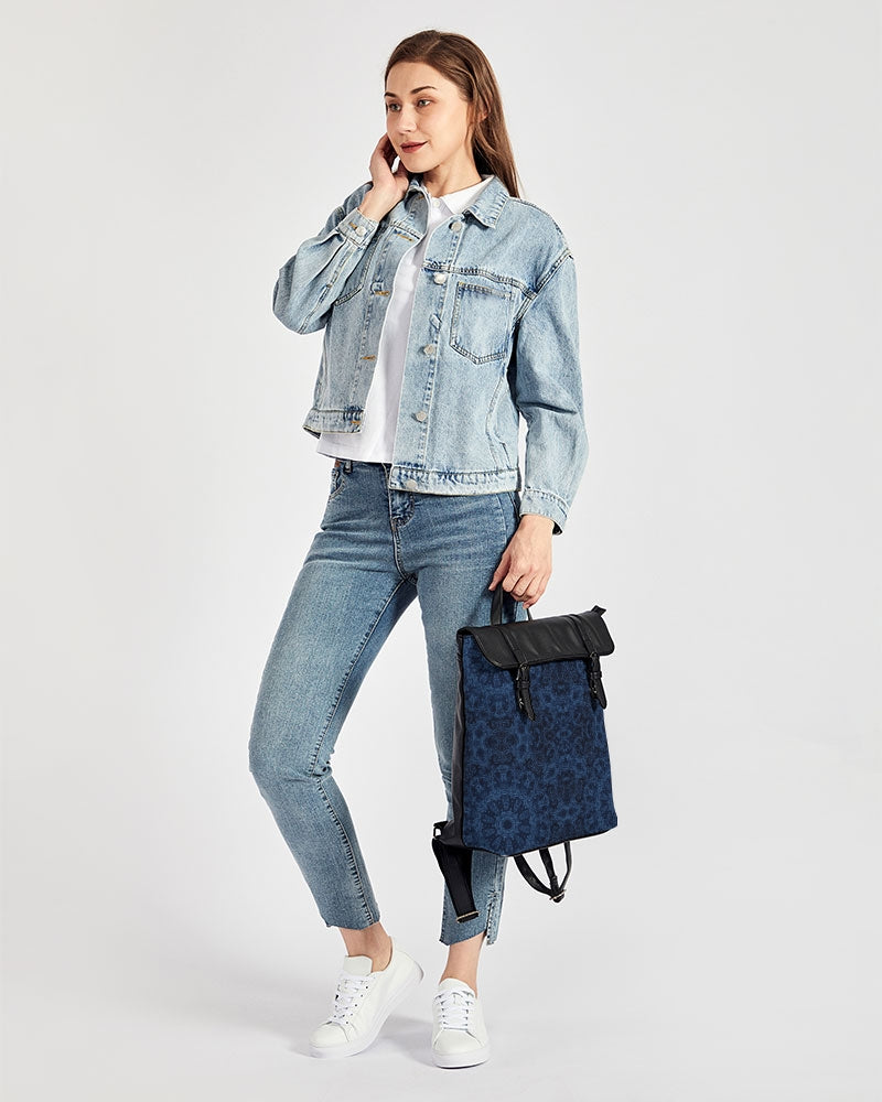 Blue Faux Velvet Kaleidoscope Casual Flap Backpack