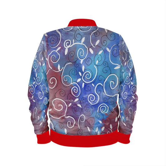 Blue and White Swirls on Red Mens Bomber Jacket