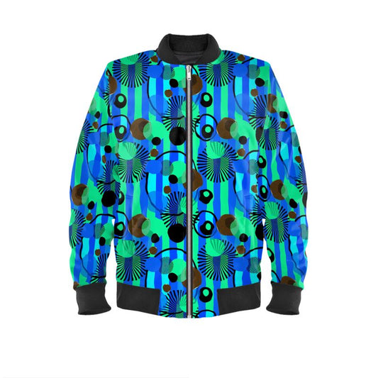 Blue Green Stripes and Dots Mens Bomber Jacket