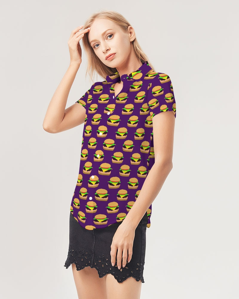 Cheeseburger Pattern Women's All-Over Print Short Sleeve Button Up