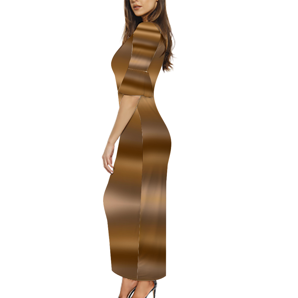 Coffee Gradient Custom Lotus Leaf Short Sleeve Long Dress Women's Summer Fashion Dress