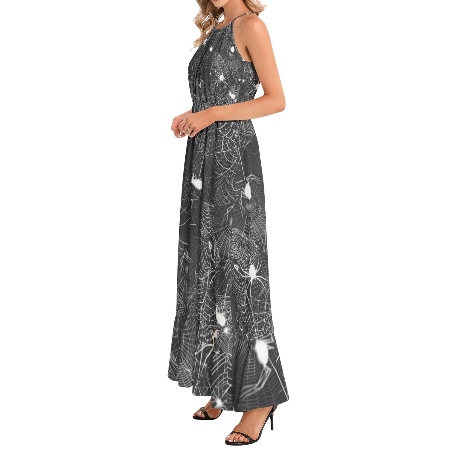 Black and White Spider Webs Ruffle Hem Halter Neck Maxi Dress