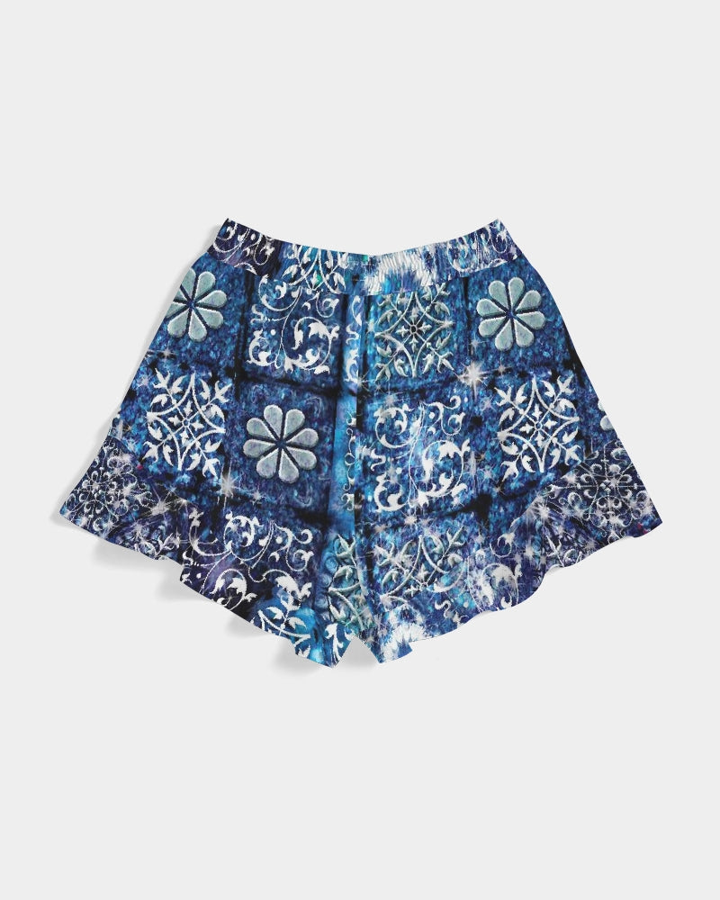 Blue Ice Crystals Motif Women's All-Over Print Ruffle Shorts
