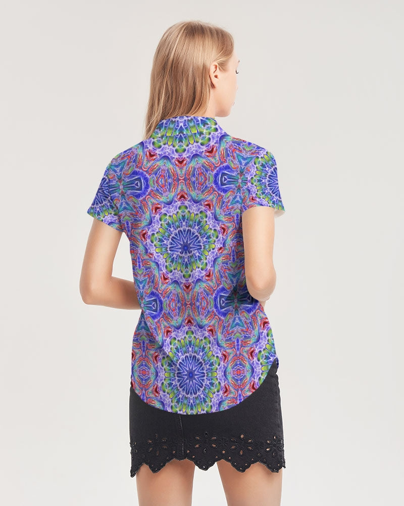 Blue Red Kaleidoscope Women's All-Over Print Short Sleeve Button Up