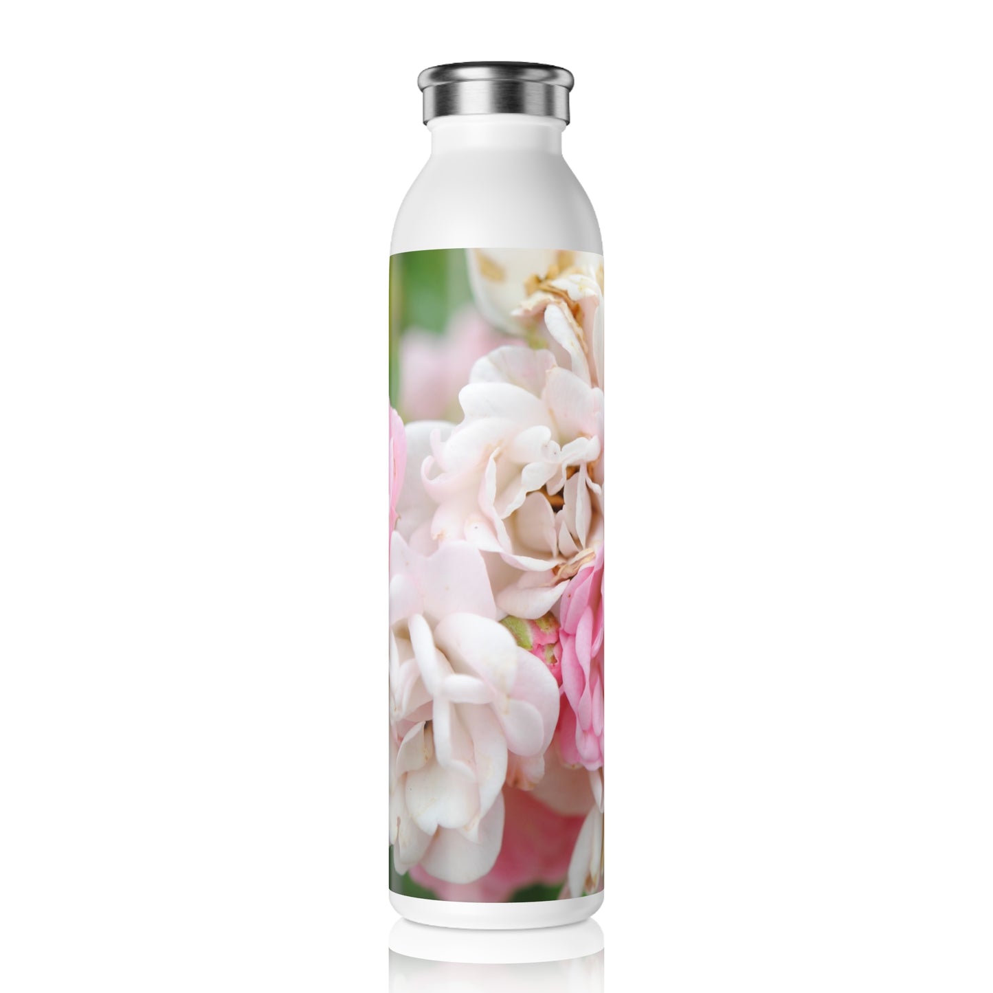 Nature's Wedding Bouquet Slim Water Bottle - Pink Flower Design, Eco-Friendly Hydration Gift, Travel Bottle, Fitness Accessory, Floral Decor