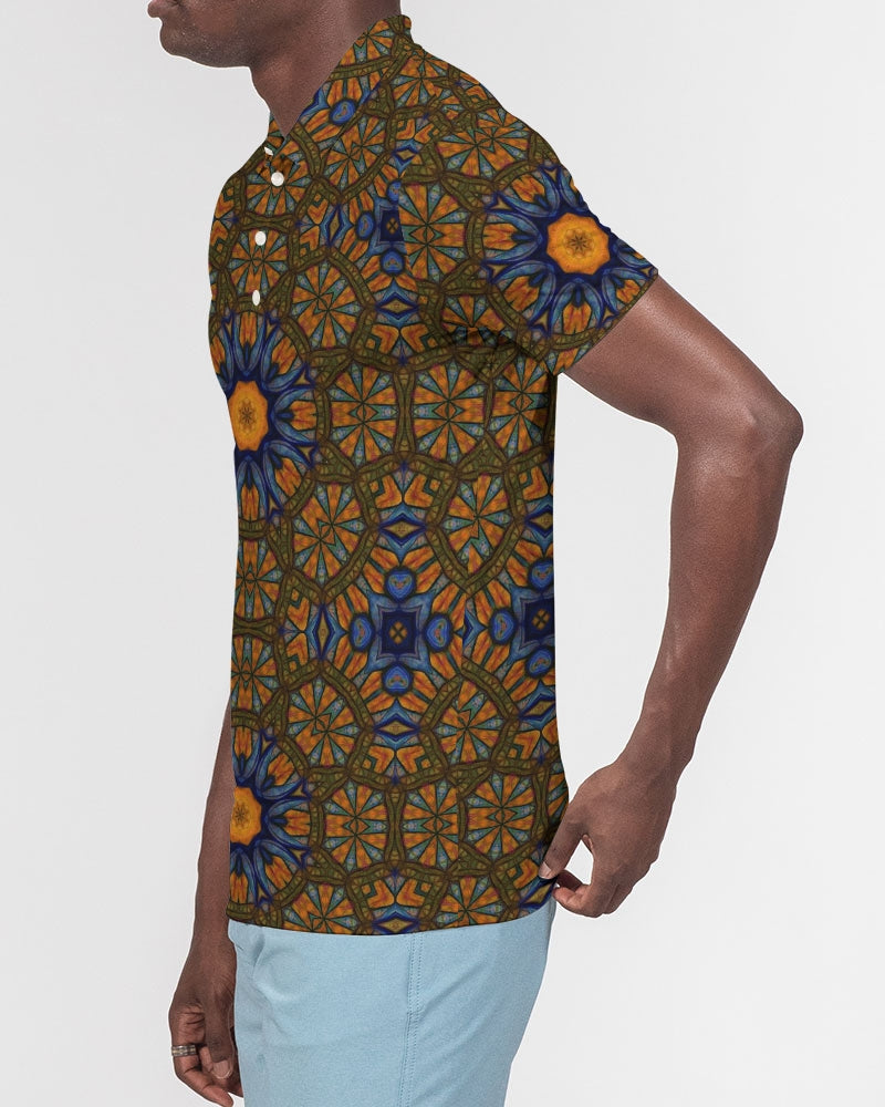Blue and Yellow Sketch Kaleidoscope Men's All-Over Print Slim Fit Short Sleeve Polo