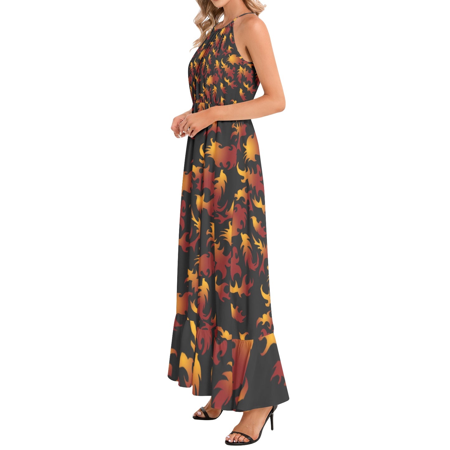 Abstract Flames Ruffle Hem Halter Neck Maxi Dress