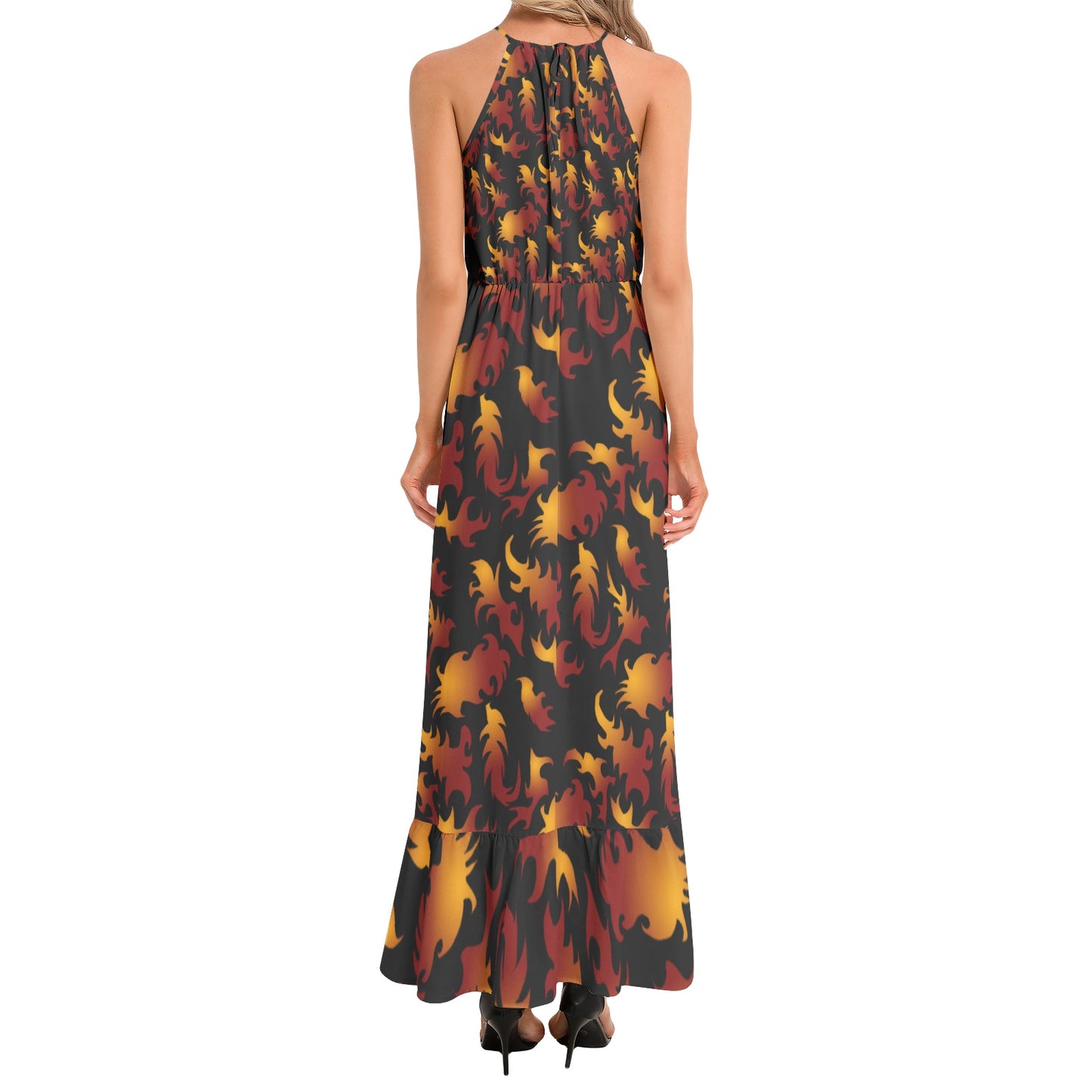 Abstract Flames Ruffle Hem Halter Neck Maxi Dress