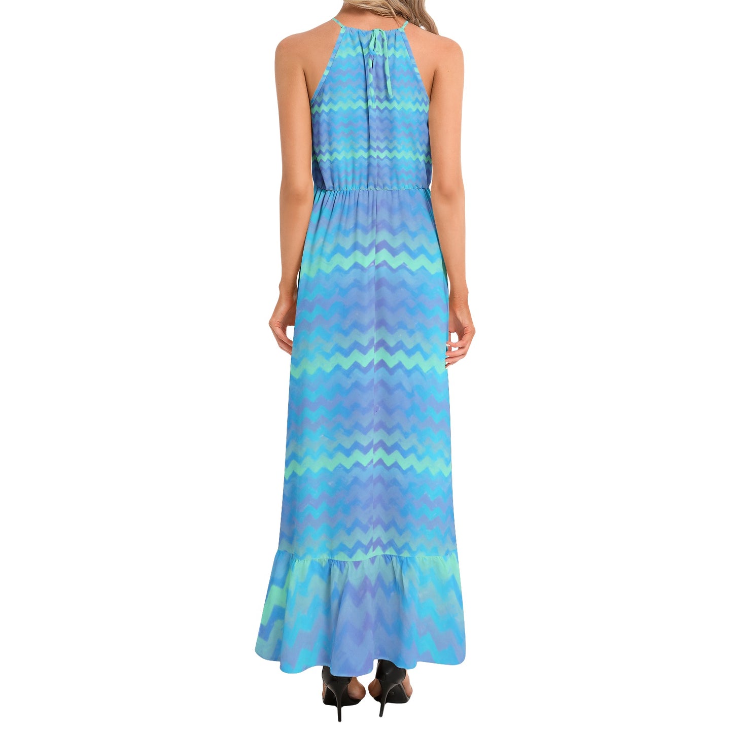 Mermaid Stripes Ruffle Hem Halter Neck Maxi Dress