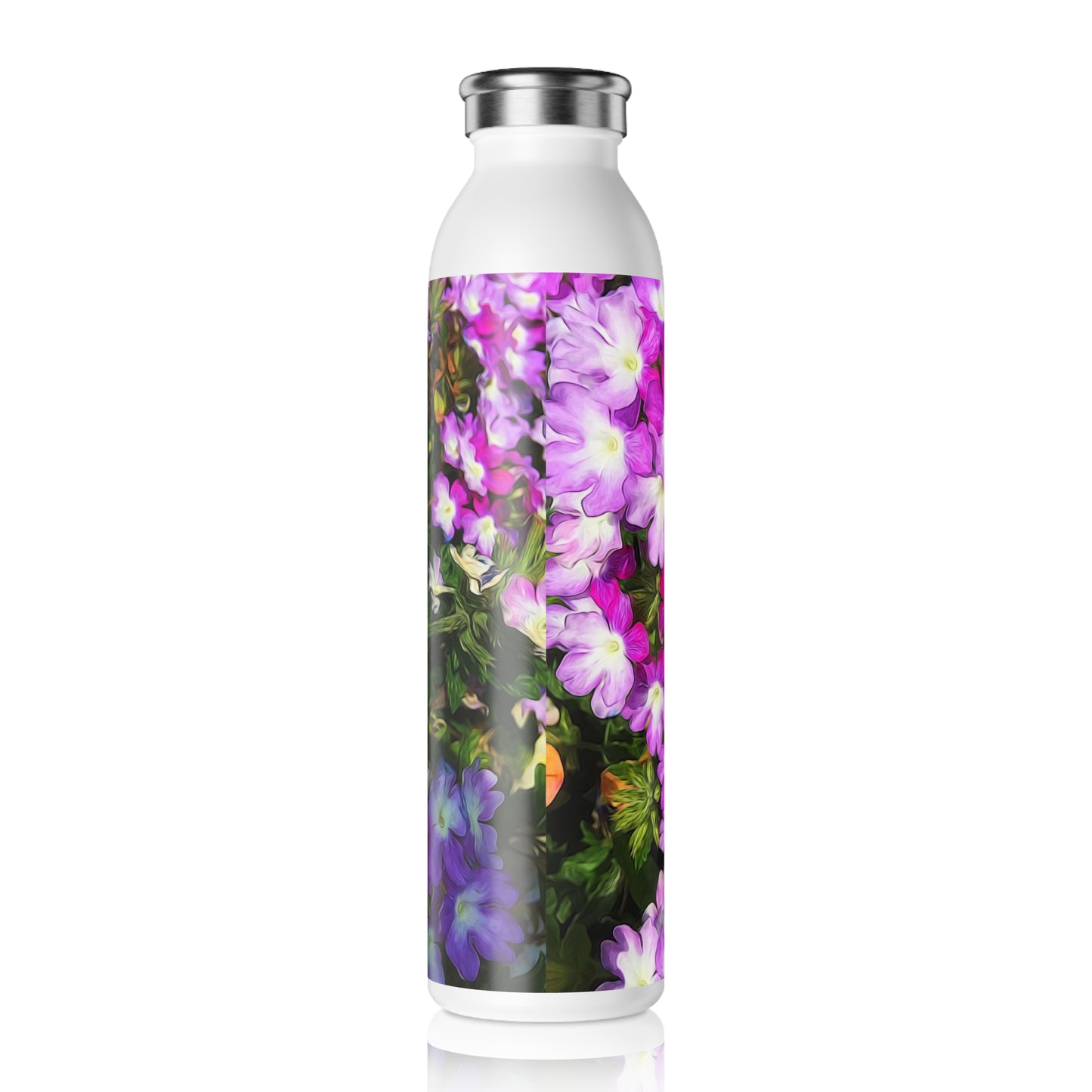 Slim Water Bottle • Purple Floral Design — Slim Stainless Bottle for Women, Garden Lover Gift
