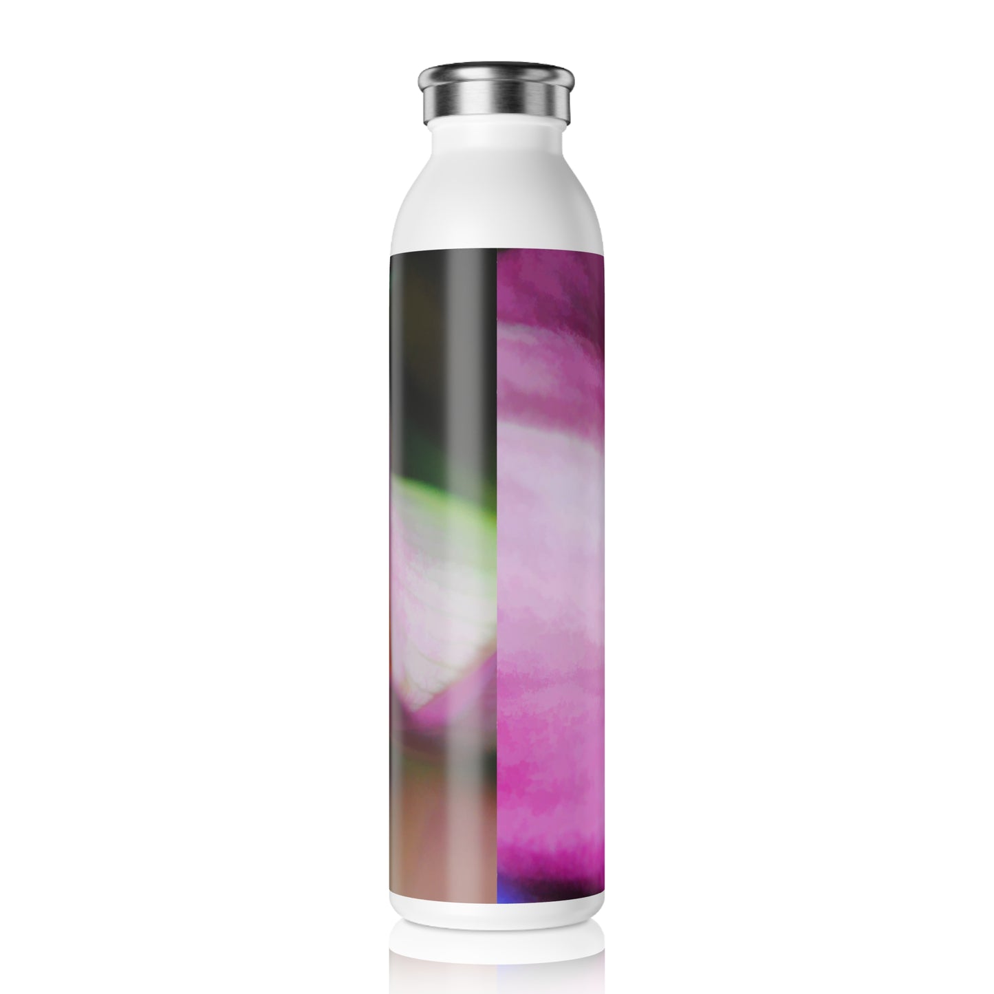 Pink Calla Lily Sideview Slim Water Bottle — Pink Close-Up Floral Print Slim Bottle