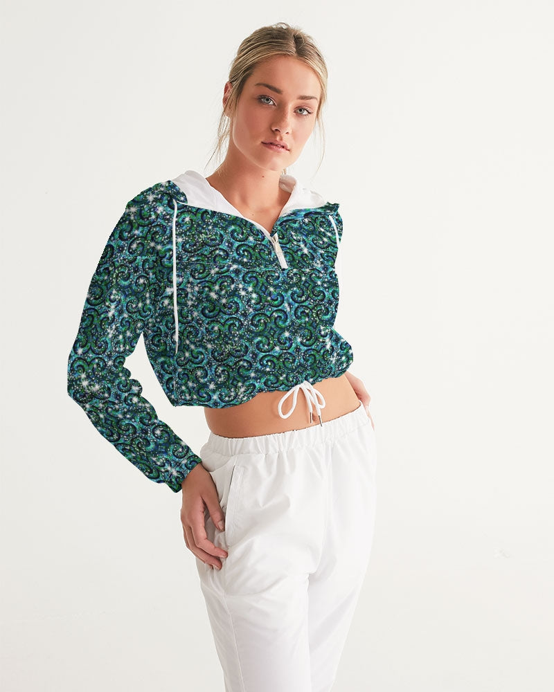 Blue Ice Sparkle Swirl Women's All-Over Print Cropped Windbreaker