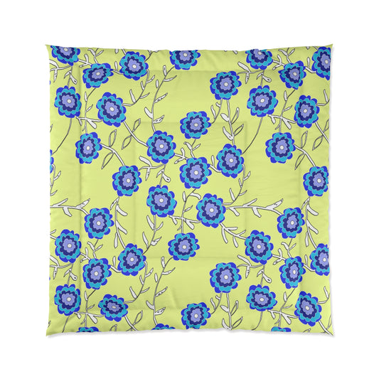 Blue Floral Comforter – Bright Lemon Yellow Background Cozy Bedspread