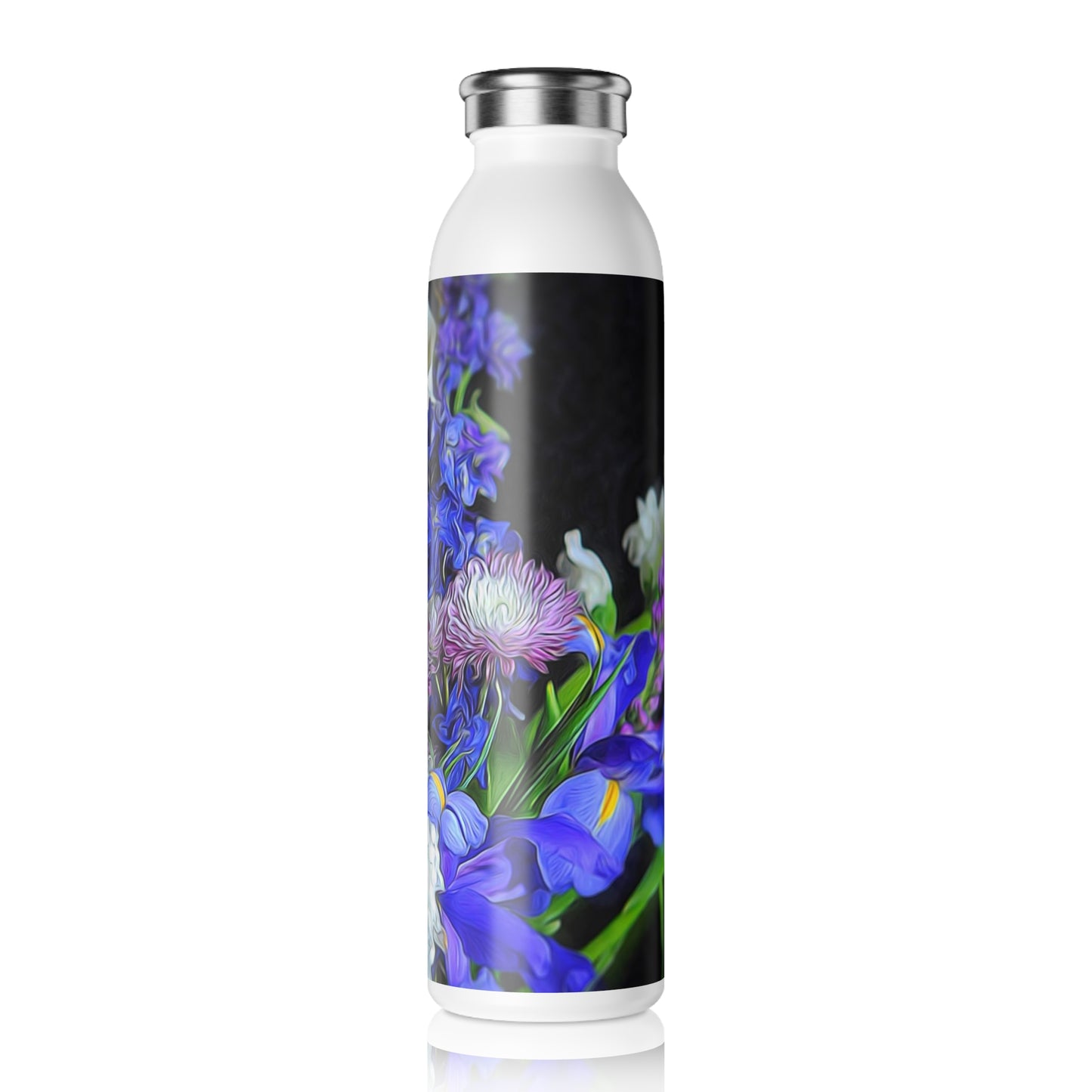 Blue White Purple Bouquet Slim Water Bottle - Eco-Friendly Drinkware, Hydration Gift, Fitness Accessory, Travel Mug, Spring Flower Design
