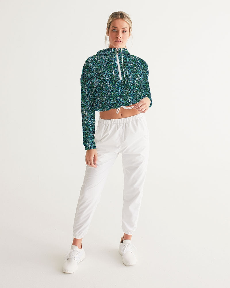 Blue Ice Sparkle Swirl Women's All-Over Print Cropped Windbreaker
