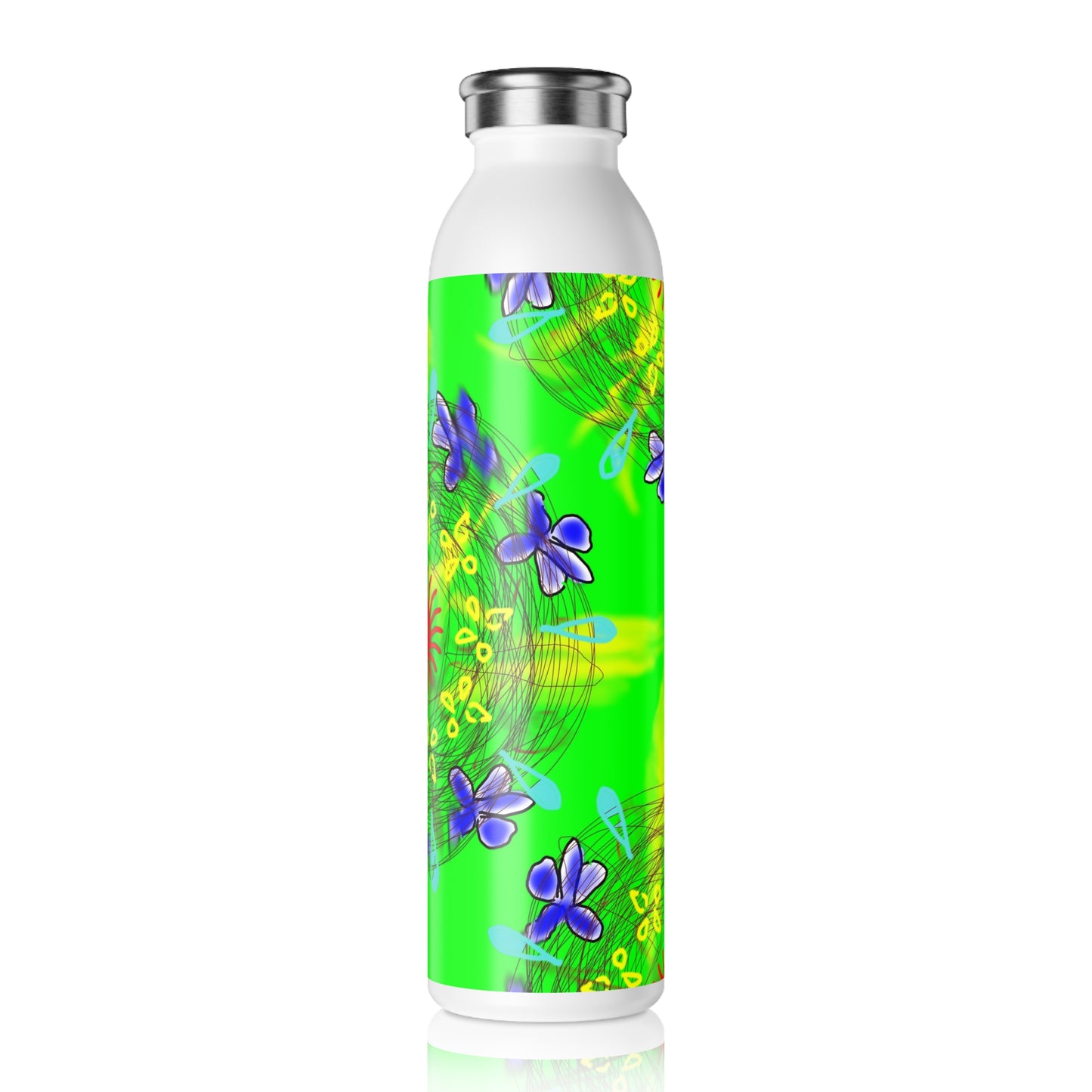 Flower Doodle Slim Water Bottle | Eco-Friendly Fitness Gift, Hydration Travel Mug, Summer Picnic Accessory, Inspirational Drinkware