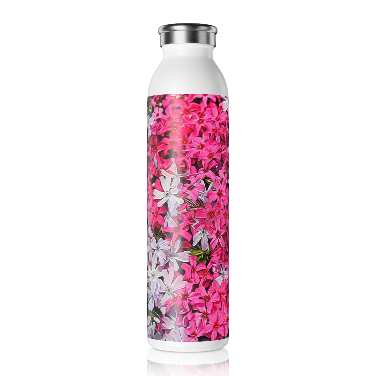 Pink and White Phlox Slim Water Bottle | Eco-Friendly Hydration, Reusable Drinkware, Gift for Nature Lovers, Summer Essentials, Fitness Companion
