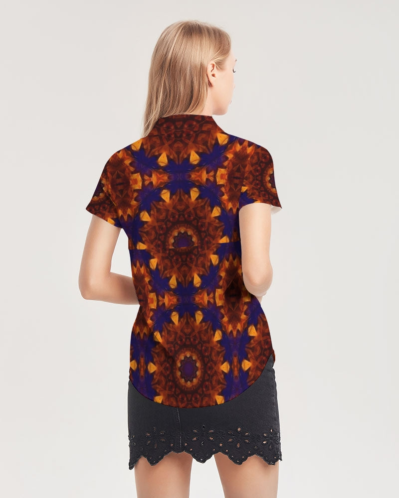 Blue Orange Red Kaleidoscope Women's All-Over Print Short Sleeve Button Up