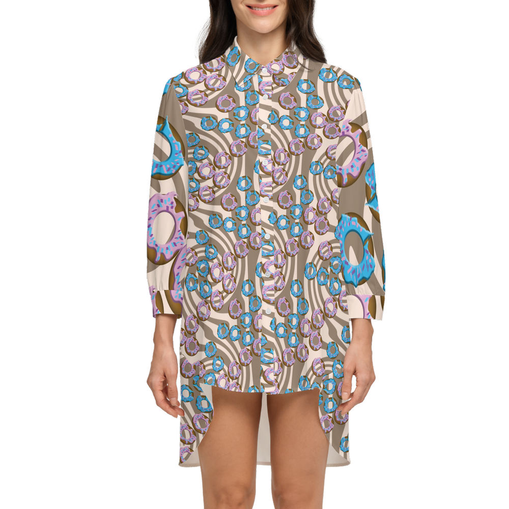 Donuts Women's High-Low Long-Sleeve Hem Shirt Silky-like Elegance