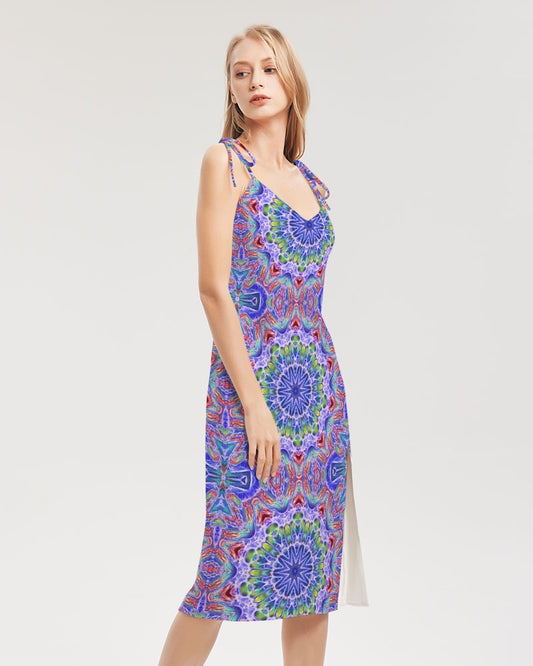 Blue Red Kaleidoscope Women's All-Over Print Tie Strap Split Dress