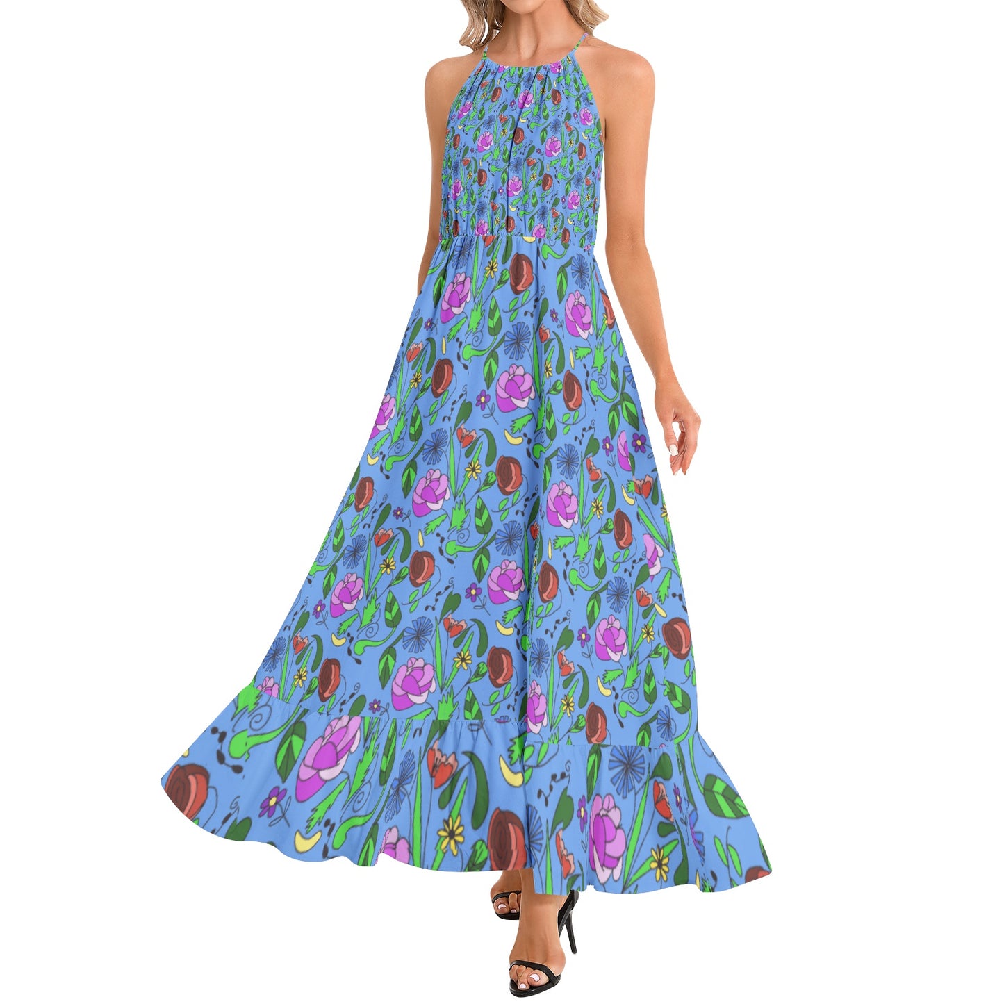 Mixed Floral On Blue Ruffle Hem Halter Neck Maxi Dress