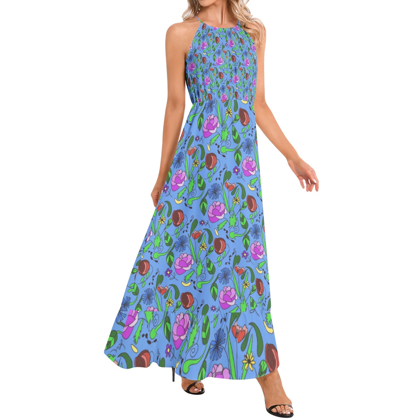 Mixed Floral On Blue Ruffle Hem Halter Neck Maxi Dress