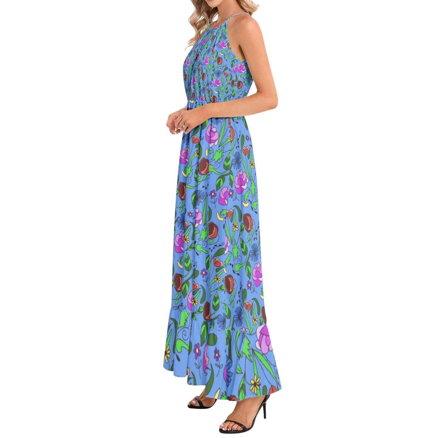 Mixed Floral On Blue Ruffle Hem Halter Neck Maxi Dress