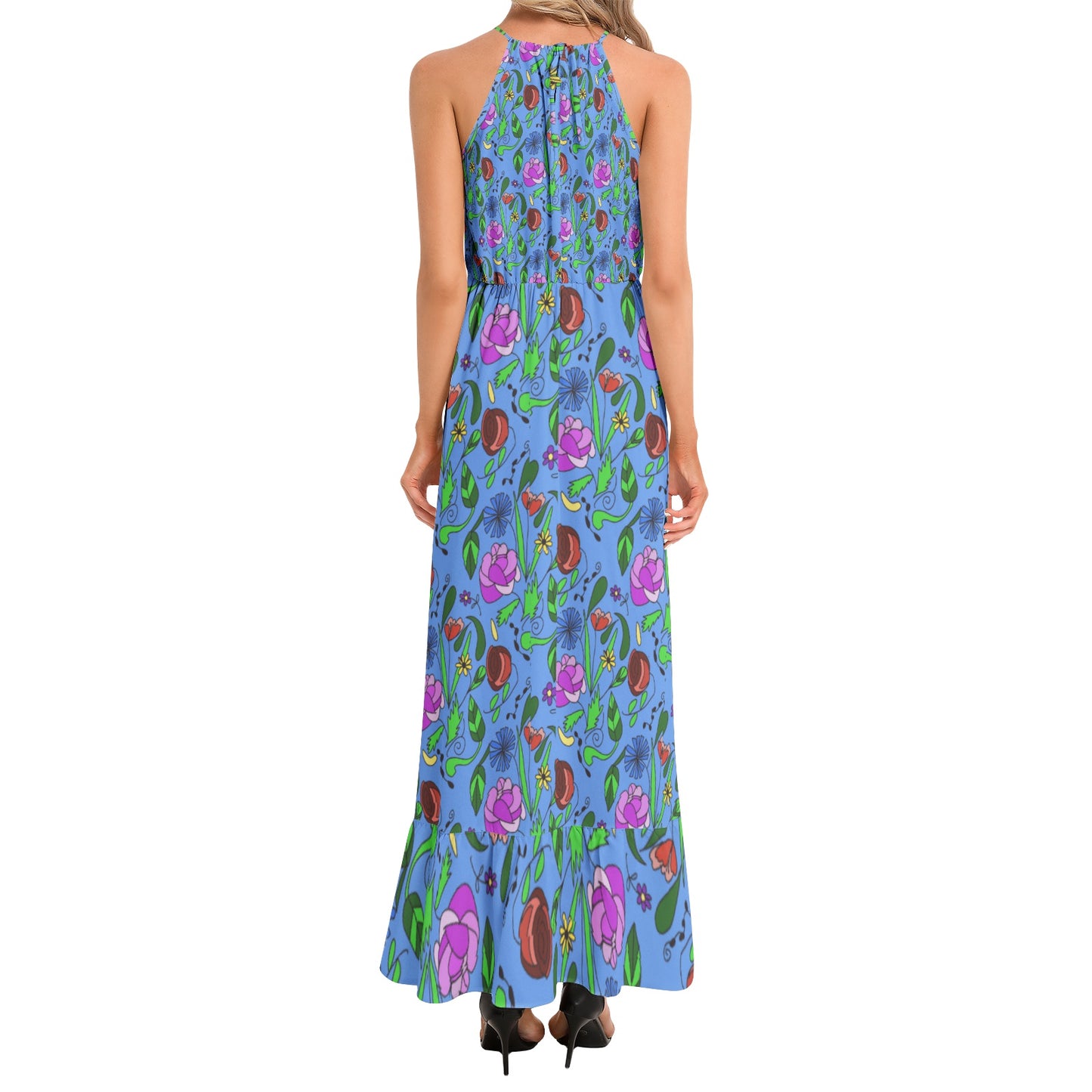 Mixed Floral On Blue Ruffle Hem Halter Neck Maxi Dress