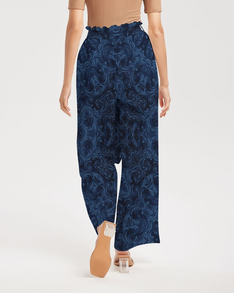 Blue Faux Velvet Kaleidoscope Women's All-Over Print High-Rise Wide Leg Pants