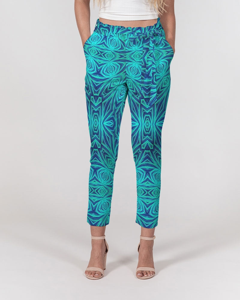 Blue Ice Kaleidoscope Women's All-Over Print Belted Tapered Pants