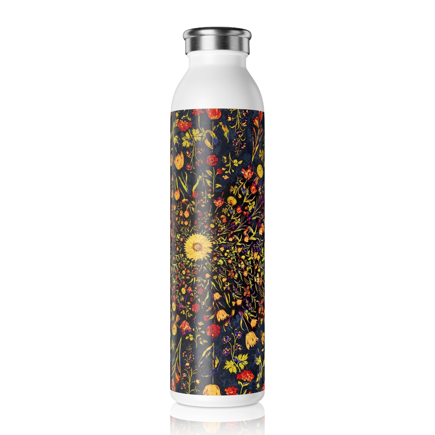 Medieval Flowers on Blue Slim Water Bottle - Eco-Friendly Hydration, Reusable Drink Container, Gardening Gift, Yoga Companion, Nature Lover's Bottle
