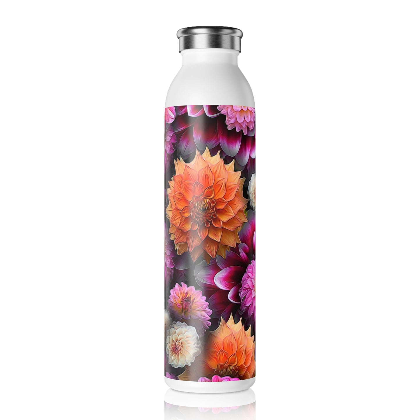 Pink and Orange Dahlias Slim Water Bottle - Eco-Friendly Hydration, BPA-Free Drinkware, Perfect for Fitness, Yoga, Summer Days, Gifts