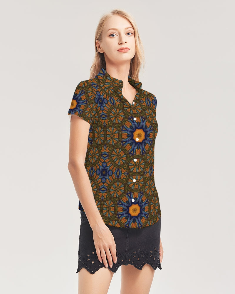 Blue and Yellow Sketch Kaleidoscope Women's All-Over Print Short Sleeve Button Up