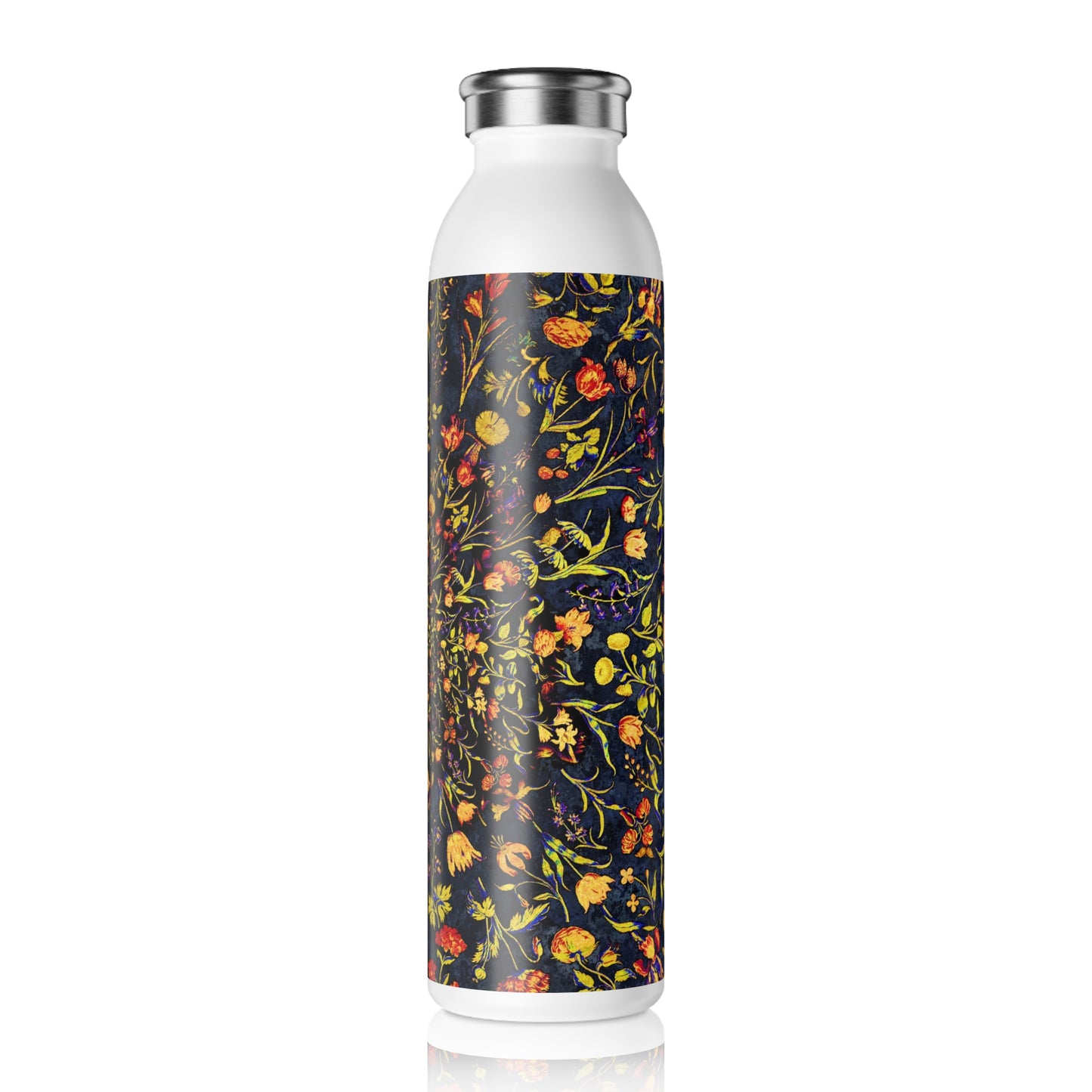 Medieval Flowers on Blue Slim Water Bottle - Eco-Friendly Hydration, Reusable Drink Container, Gardening Gift, Yoga Companion, Nature Lover's Bottle