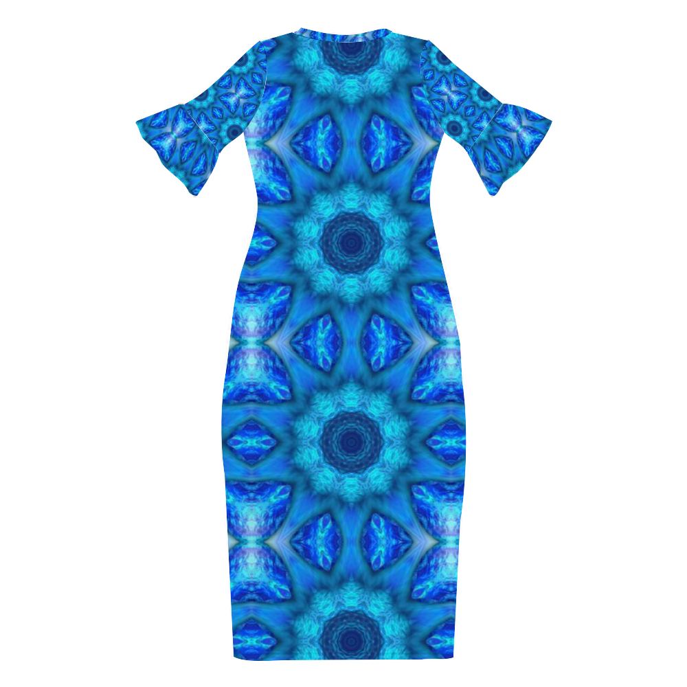 Blue Ocean Kaleidoscope Custom Lotus Leaf Short Sleeve Long Dress Women's Summer Fashion Dress