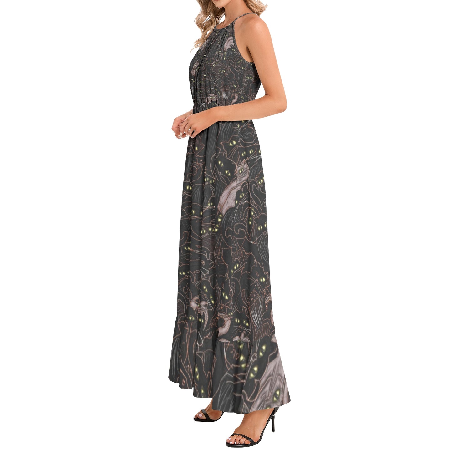 Black Cats Pattern Ruffle Hem Halter Neck Maxi Dress