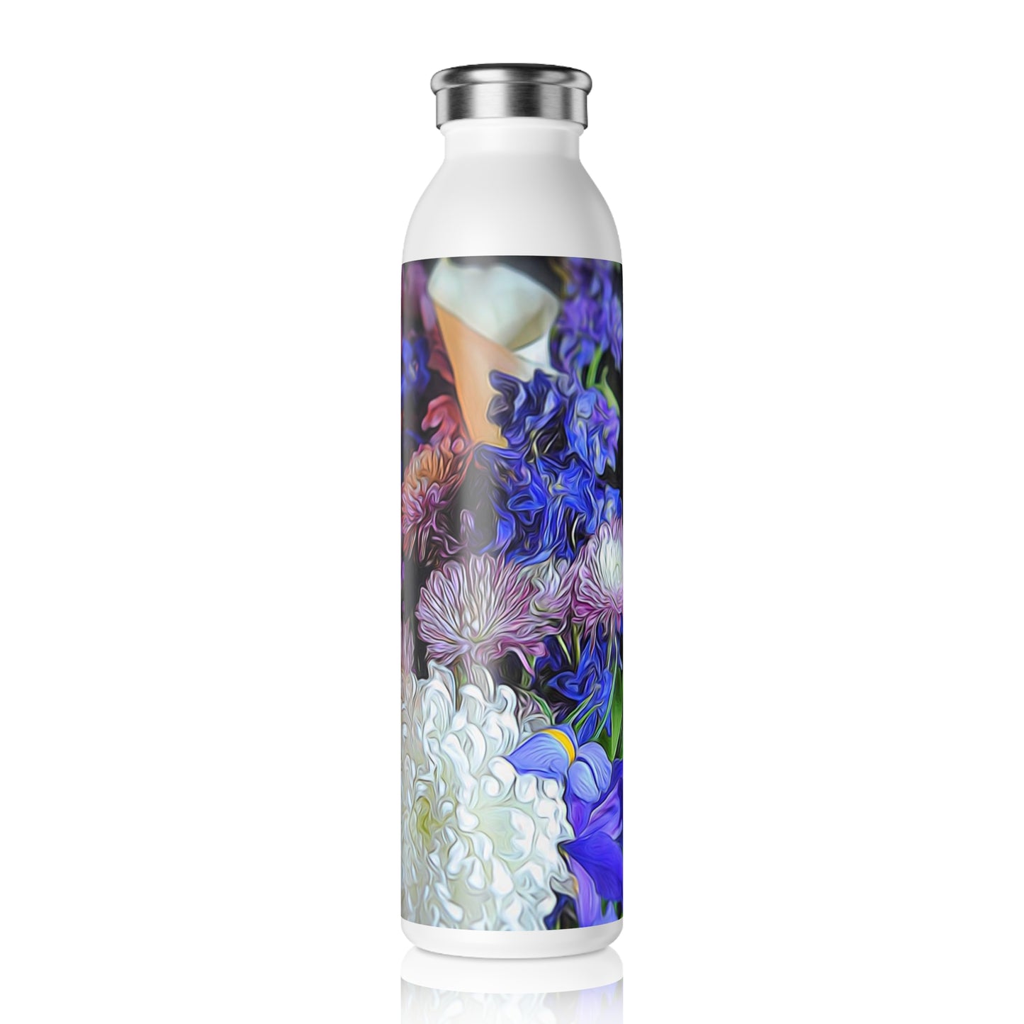 Blue White Purple Bouquet Slim Water Bottle - Eco-Friendly Drinkware, Hydration Gift, Fitness Accessory, Travel Mug, Spring Flower Design