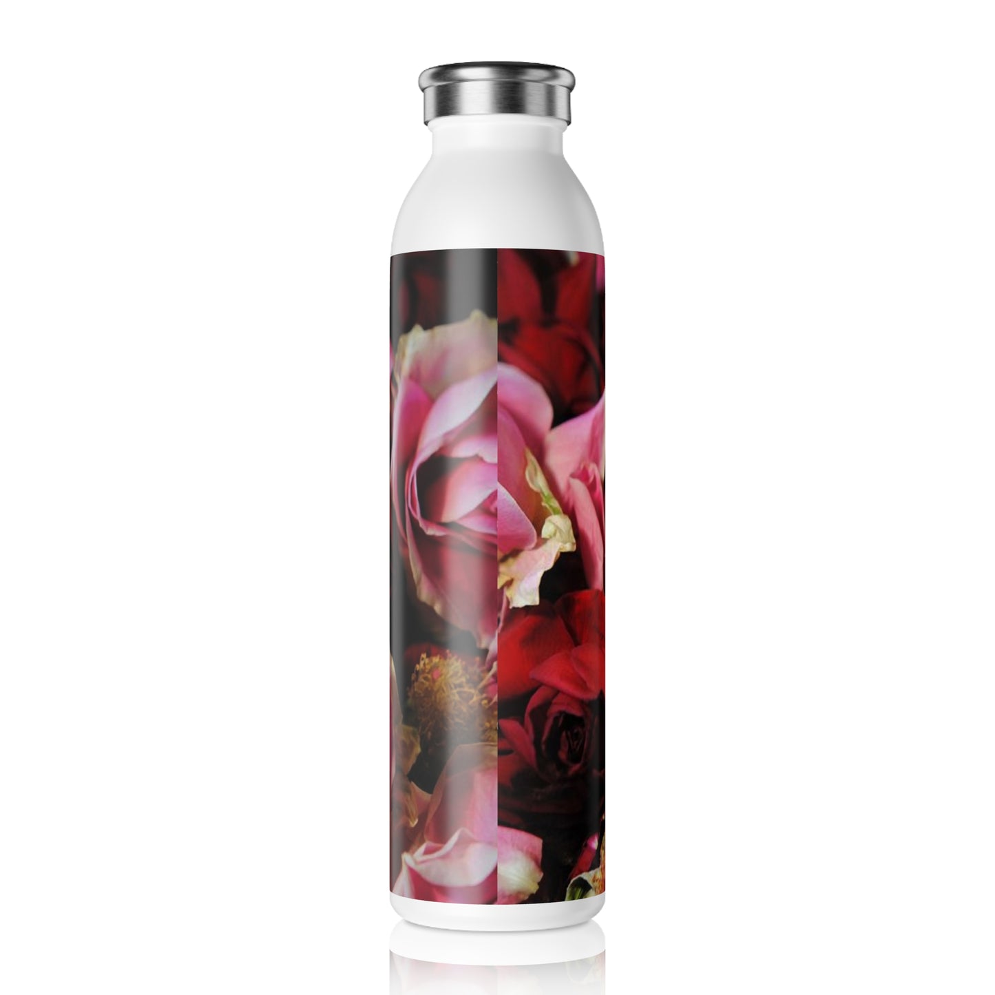 Pink and Red Rose Heads Slim Water Bottle - Elegant Hydration, Gift for Garden Lovers, Eco-Friendly Drinkware, Fitness, Travel, Party Favors