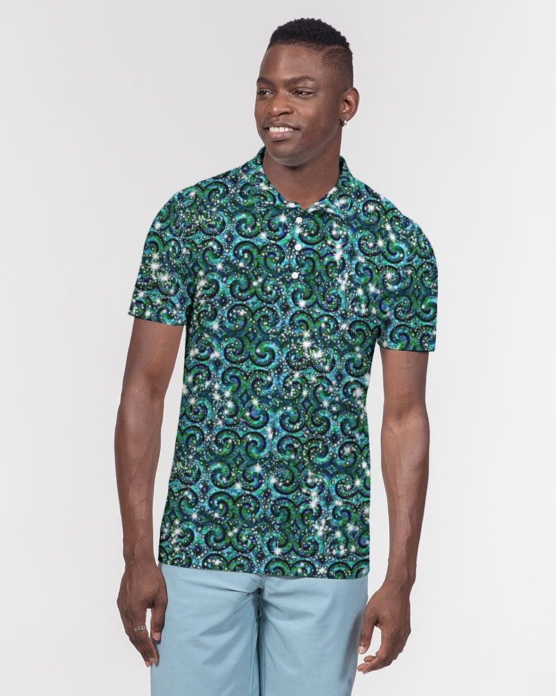 Blue Ice Sparkle Swirl Men's All-Over Print Slim Fit Short Sleeve Polo