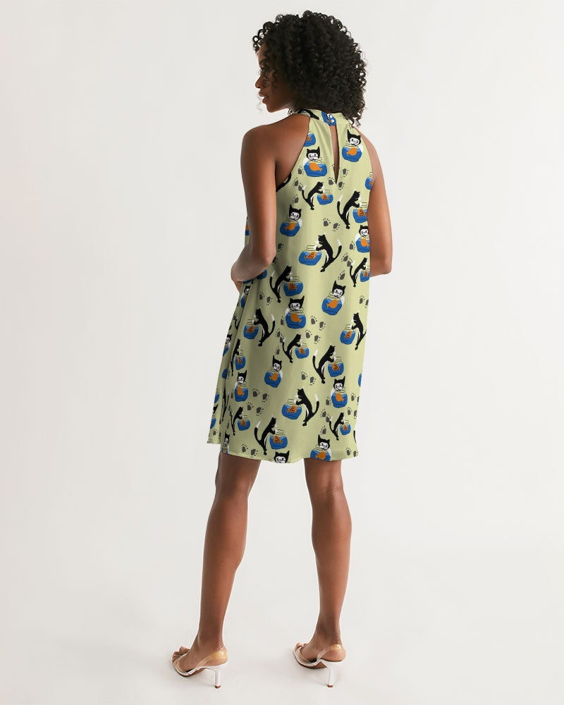 Cat and a Fishbowl Women's All-Over Print Halter Dress