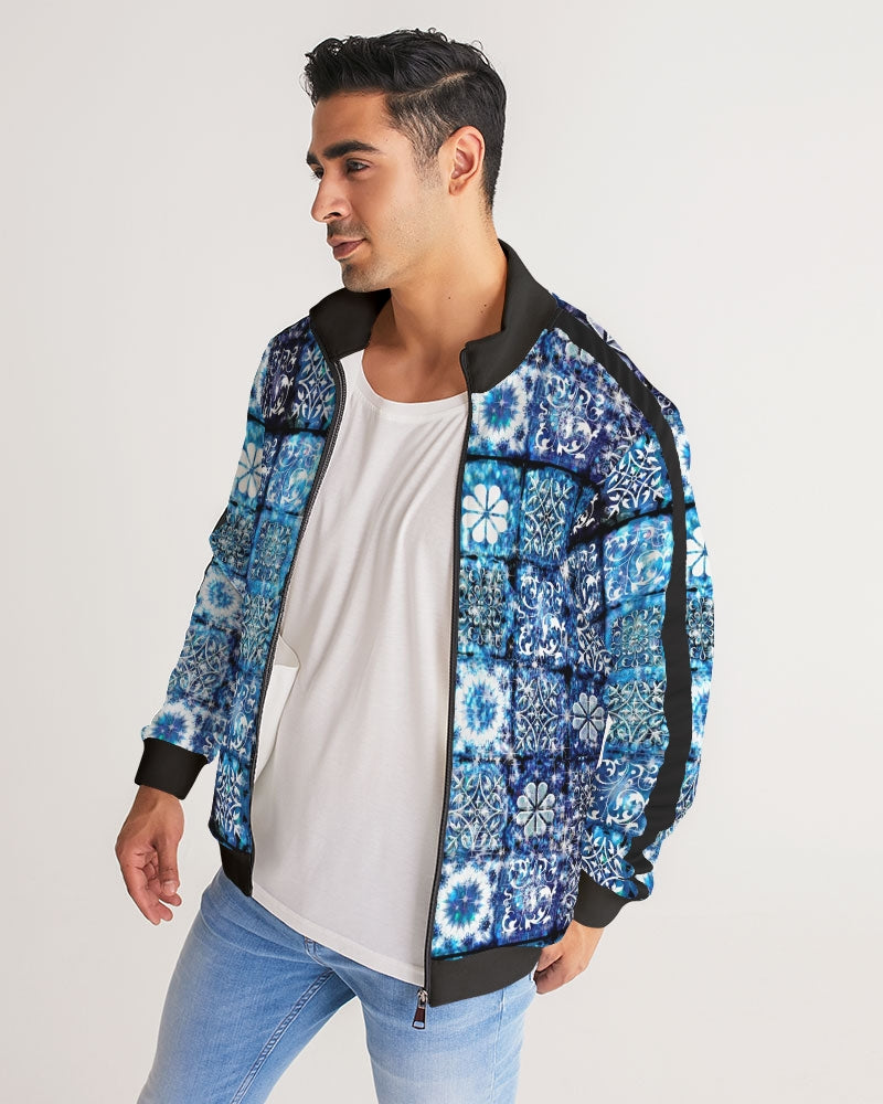 Blue Ice Crystals Motif Men's All-Over Print Stripe Sleeve Track Jacket