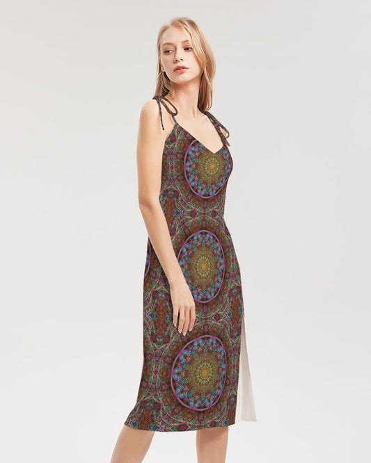 Blue Pink Windy Kaleidoscope Women's All-Over Print Tie Strap Split Dress
