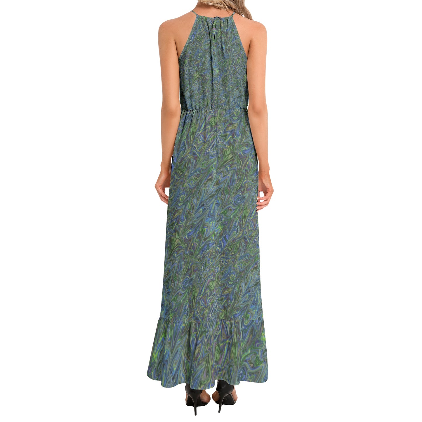 Blue Green Liquid Marbling Ruffle Hem Halter Neck Maxi Dress