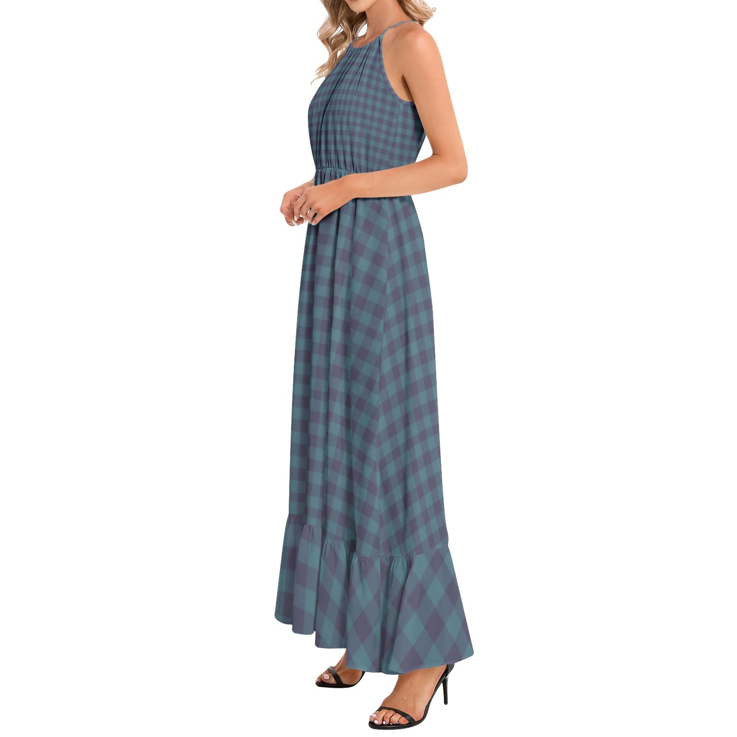 Blue Gingham Ruffle Hem Halter Neck Maxi Dress