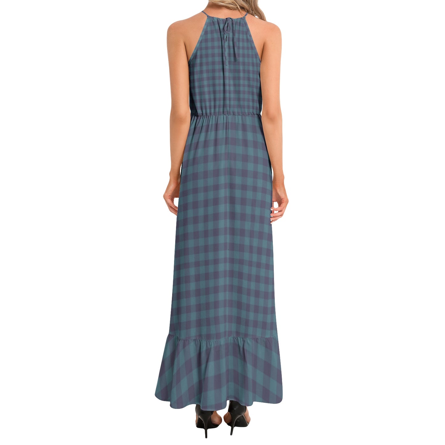 Blue Gingham Ruffle Hem Halter Neck Maxi Dress