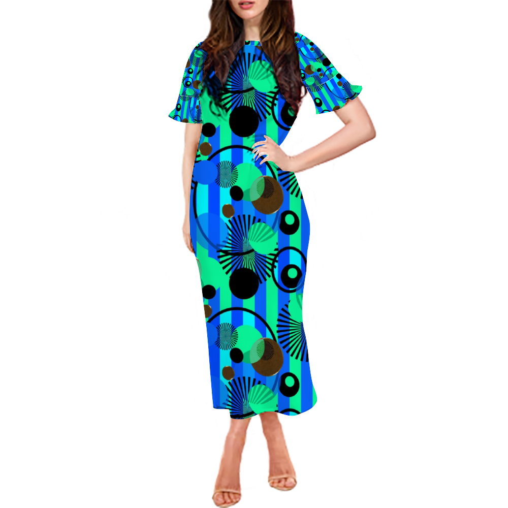 Blue Green Stripes and Dots Custom Lotus Leaf Short Sleeve Long Dress Women's Summer Fashion Dress