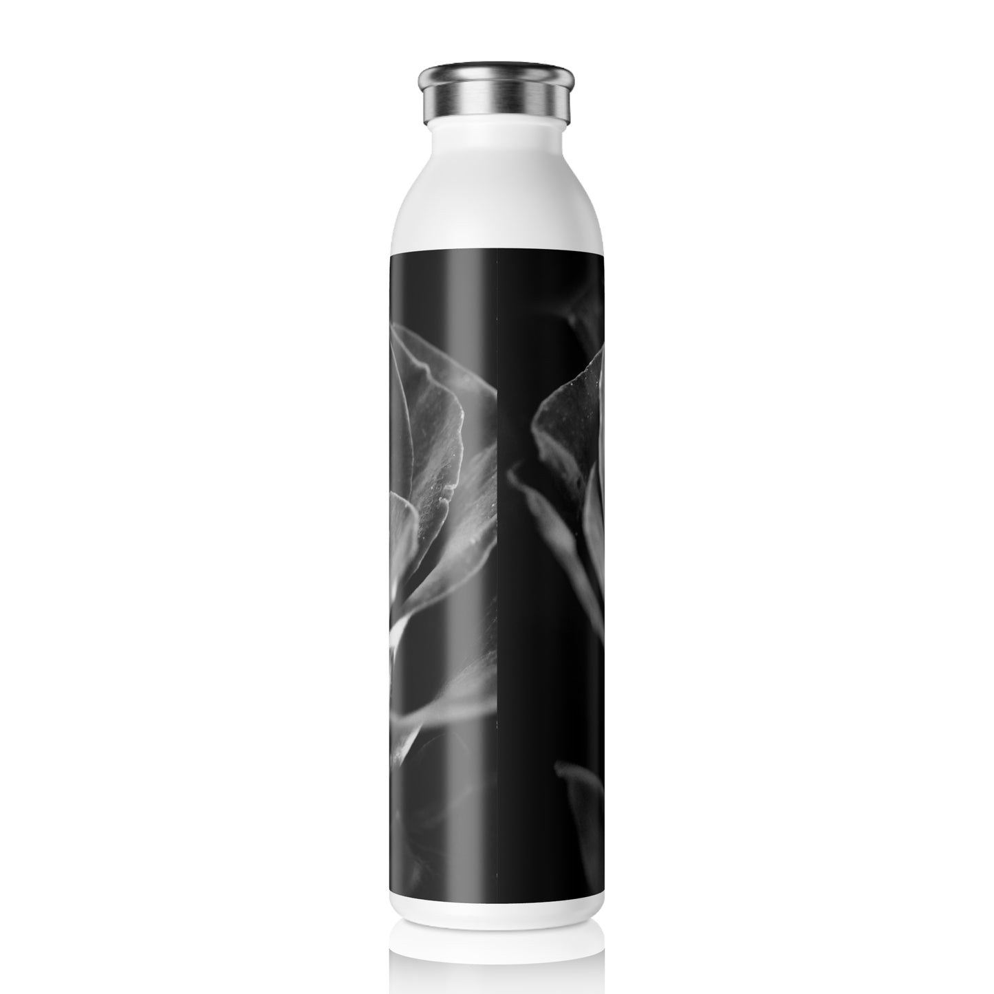 Dark Black and White Rose Water Bottle, Slim Stainless Steel Flask, Floral Travel Mug, Gift for Nature Lovers, Black and White Rose Design