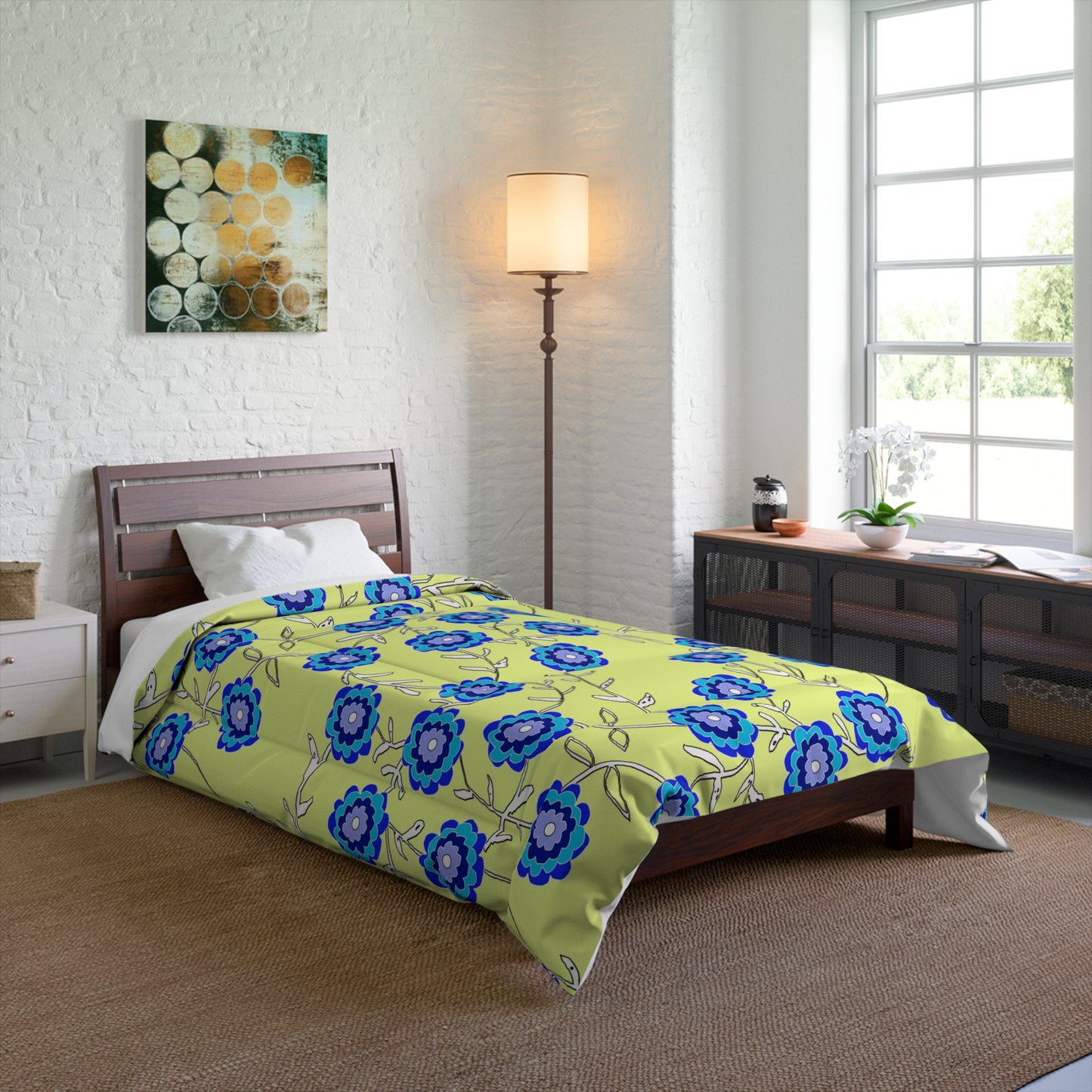 Blue Floral Comforter – Bright Lemon Yellow Background Cozy Bedspread