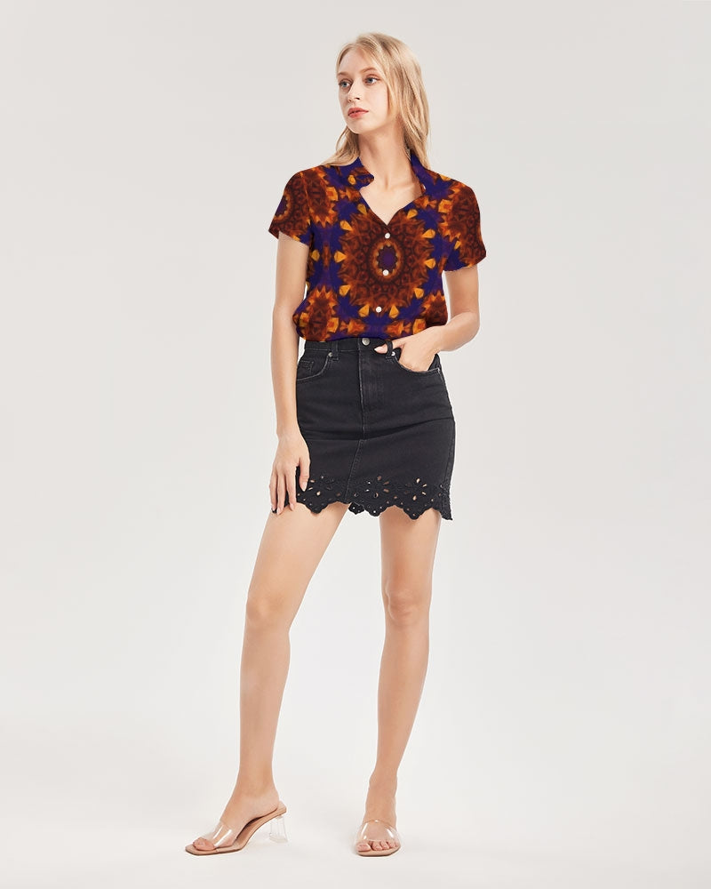 Blue Orange Red Kaleidoscope Women's All-Over Print Short Sleeve Button Up