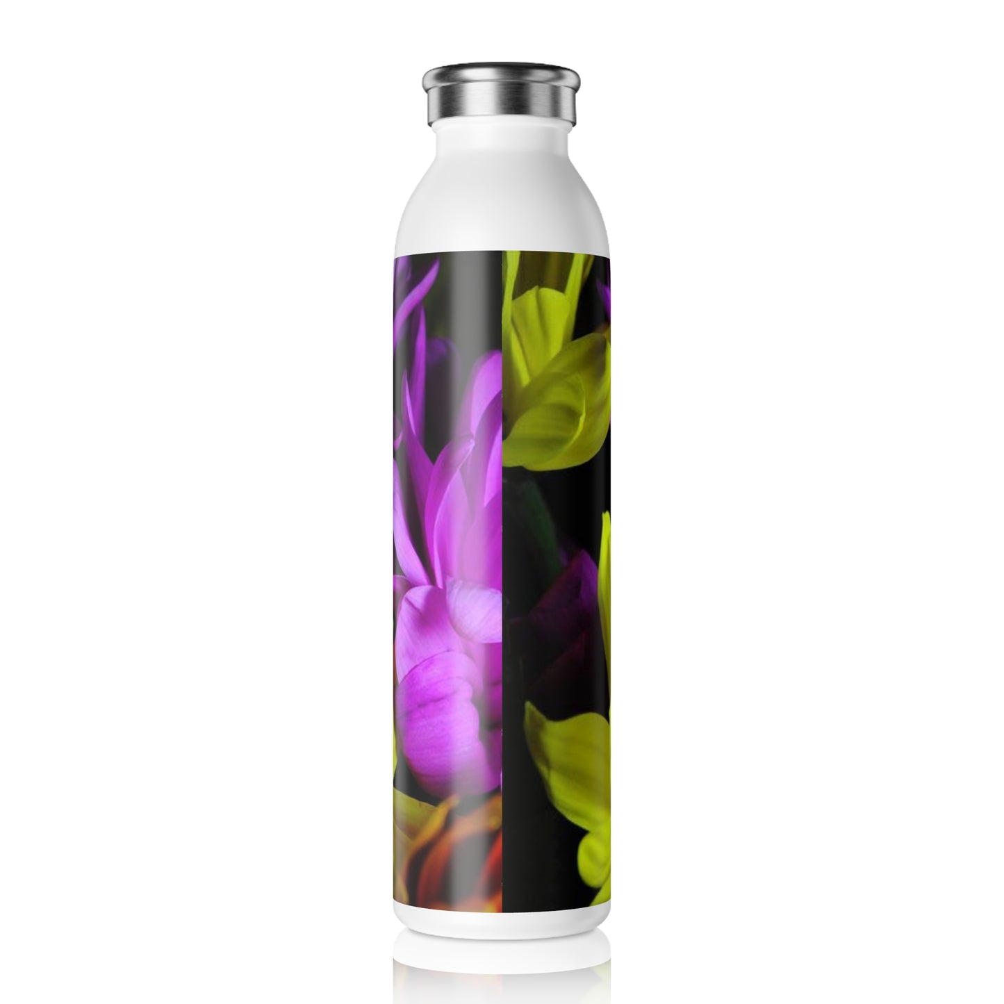 Slim Water Bottle — Bright Yellow & Purple Floral Stainless Steel Bottle